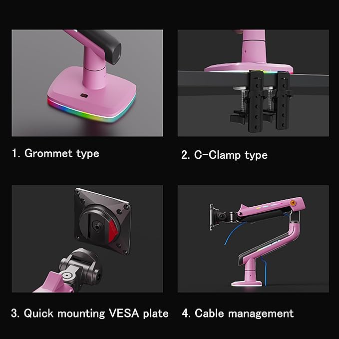 NB Gaming Monitor Arm or for 32 to 60 Inches Screen, Load up to 20 kg, VESA 75/100, RGB-Light, Heavy Duty, Multi Angle Adjustable, Premium Aluminum, Pink