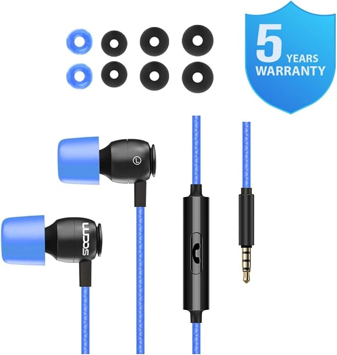 LUDOS Clamor Wired Earbuds in-Ear Headphones, 5 Years Warranty, Earphones with Microphone, Noise Isolating Ear Buds, Memory Foam for iPhone, Samsung, School Students, Kids, Women, Small Ears - Blue