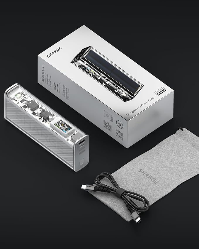 SHARGEEK 140 Power Bank, 20000mAh 140W Portable Charger, Transparent Battery Pack, Smart Display, PD3.0 for MacBook Pro iPhone 17/16/15/14 Series Google Pixel Steam Deck