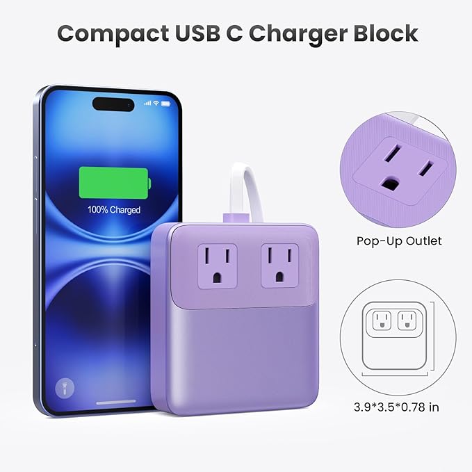 USB C Charger Block,135W GaN IV Fast Charging Station Hub,6-in-1 USB C Power Strip with Flat Plug and 5ft Cord,2 AC,2 USB A,2 USB C,PD 65W Laptop Charger for MacBook Air/Pro,iPhone16/15,Samsung-Purple