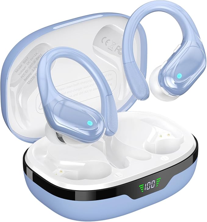 Wireless Earbuds, Sports Bluetooth Headphones, 80Hrs Playtime Ear Buds with LED Power Display, Noise Canceling Headset, IPX7 Waterproof Earphones for Workout/Running (Blue)