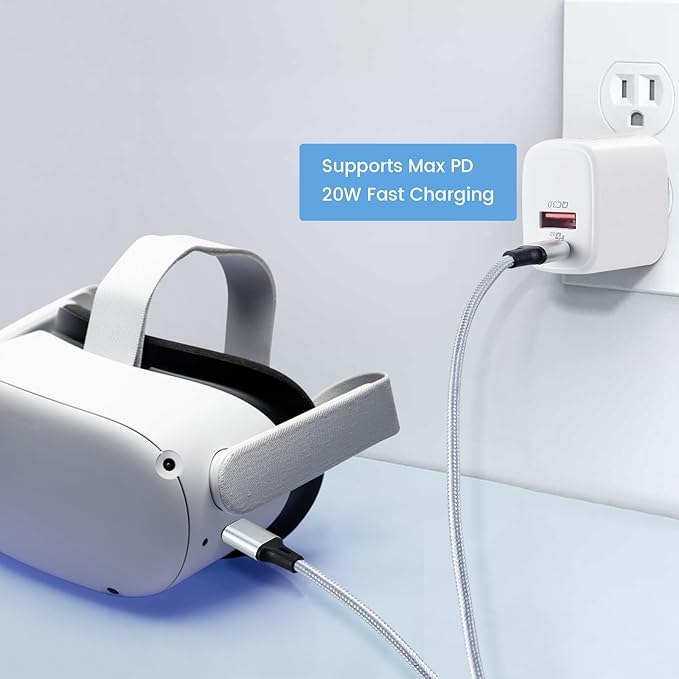 PD 20W USB C Fast Charger Compatible with Meta Quest 3 3S - Dual Port USB + Type C Adapter with 6.6ft C to C Charging Cable for Oculus Quest 2 Headset