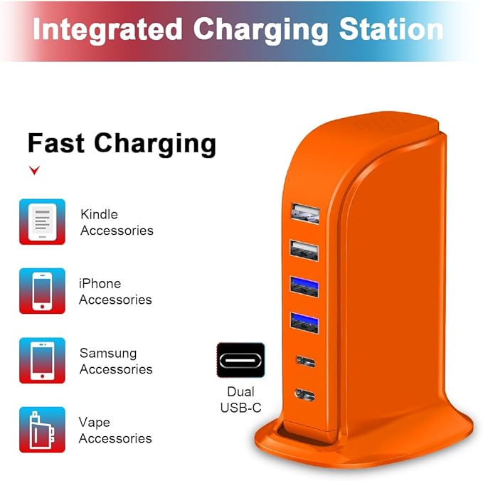 Upoy Dual USB C Charger Block, Charging Station for Multiple Devices 45W Total, USB Tower Hub Travel Ready, 6 Ports Charging Blocks for Guest Room, Office, Desk