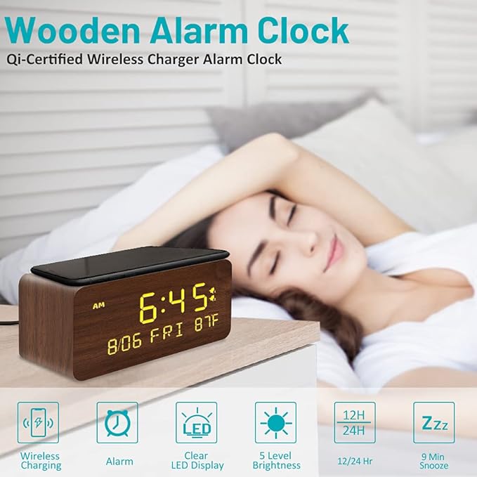 Andoolex Wooden Digital Alarm Clock with Wireless Charging, 0-100% Adjustable Brightness Dimmer and Alarm Volume, Weekday/Weekend Mode, Dual Alarm, Snooze, 12/24H, Wood LED Clock for Bedroom (Brown)