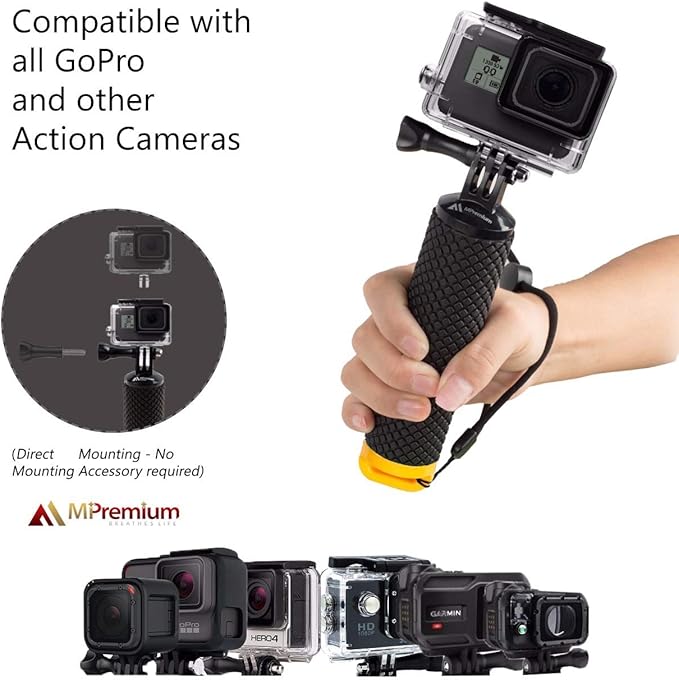 Waterproof Floating Hand Grip Compatible with GoPro Hero 12 11 10 9 8 7 6 5 4 3+ 2 1 Session Black Silver Camera Handler & Handle Mount Accessories Kit for Water Sport and Action Cameras (Yellow)