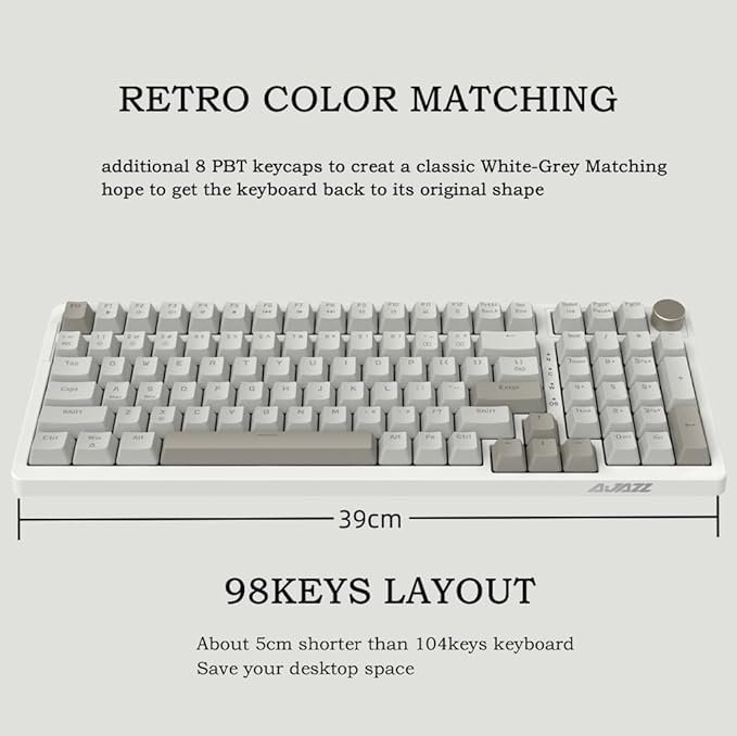 FIRSTBLOOD ONLY GAME. AK992 Retro Wired Mechanical Keyboard, 98 Keys Full Layout, Hot-Swappable USB Gaming Keyboard with Red Switches, Multimedia Keys Knob, Blue Backlit, Anti-Ghosting, Grey