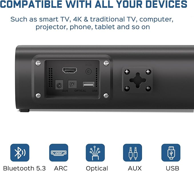 2.1ch Sound Bar for Smart TV with 6 Levels Voice Enhancement, Built-in Subwoofer, 16 Inches Bluetooth 5.3 TV Soundbar Speakers with ARC/Optical/AUX/USB Connection