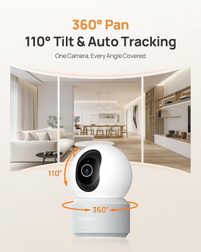 Anona 4K UHD Indoor Camera, Pet/Dog/Baby Security Camera with Phone App, 360°Pan-Tilt, 5G/2.4G Dual-Band Wi-Fi 6, Auto-Tracking, Person/Pet/Baby Crying Detection, Privacy Mode, Two-Way Audio, 2 Pack
