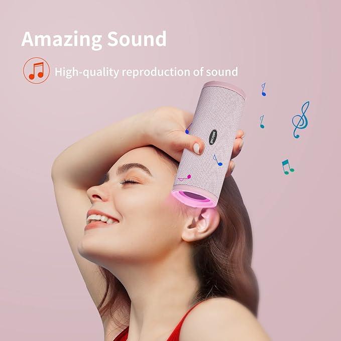 HEYSONG Portable Bluetooth Speaker, Waterproof Wireless Shower Speakers with Good Bass, IPX7 Floating, 5000mAh, TF Card, Loud Sound for Beach, Pool, Kayak Accessories, Gifts for Woman, Girl - Pink