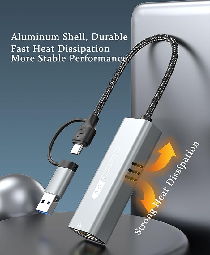 5G USB 3.2 Ethernet Adapter with RTL8157, 2-in-1 USB-A/Type-C to 5Gbps Network Card RJ45 LAN Converter for PC Laptop Windows Mac OS Linux(5Gbps Need Type-C > 3.2)