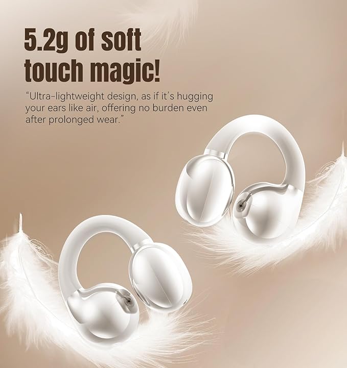 King Lucky Clip on Earbuds Open Ear Wireless Bluetooth 5.4 Headphones with Mic,50H Play,Noise Cancelling,Waterproof,Sports Ear Buds,Comfortable for Small Ears & Glasses Wearers,Workouts (Pearl White)