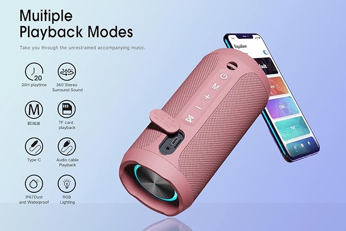 EDUPLINK Bluetooth Speaker IPX7 Waterproof Wireless Speaker with Bass 20H Playtime TWS Stereo Pairing Portable Outdoor Speakers for Beach Camping Travel Gifts for Women Girls Girlfriend Teens Pink