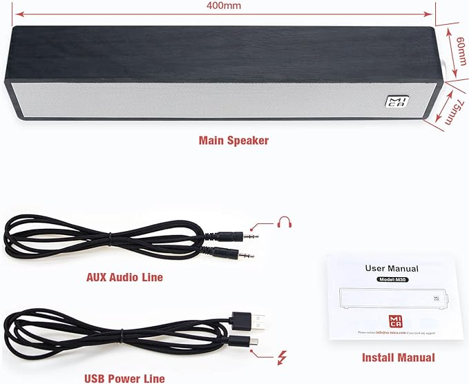 MICA Computer Speakers, Wired Computer Sound Bar, Wooden Mini Soundbar, USB Powered PC Speakers 3.5mm AUX & PC Input (Black)