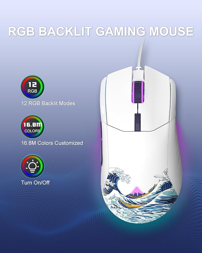 Womier G705 USB Wired Gaming Mouse for PC Computer Windows Mac Laptop, Lightweight Silent RGB Backlit Mouse with Adjustable 12000DPI/7 Programmable Side Buttons,White Kanagawa Theme