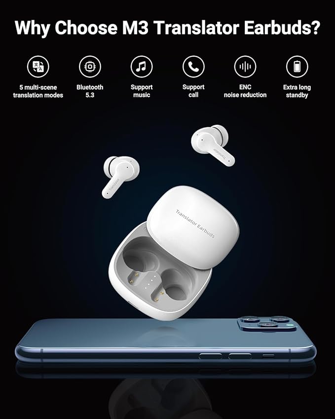 XUPURTLK AI Translation Earbuds Real Time for 144 Languages & Accents, Audifonos Traductores Inglés Españo, 3-in-1 Smart Language Translator Earbuds Ideal for Travel Business Learning (White)