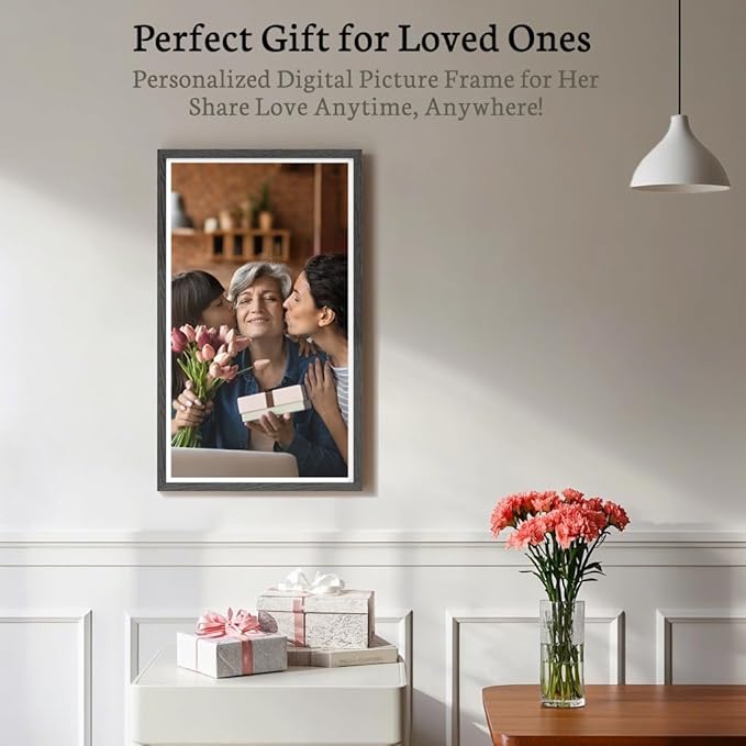 BSIMB 32 Inch Large Digital Picture Frame, Touchscreen 64GB 1920x1080 FHD WiFi Photo Frame Electronic Display Remote Control, Share Pictures/Videos via App/USB/SD Easy Setup Gifts for Mom, Black Wood