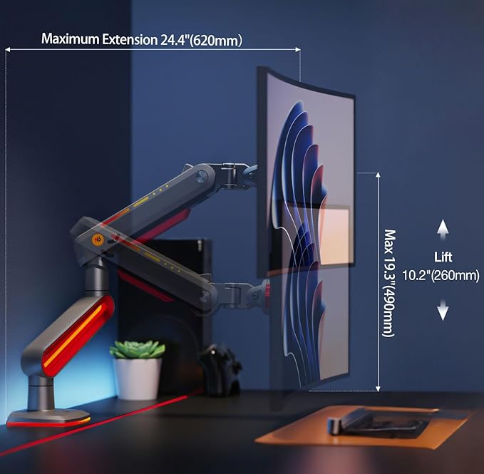 NB Designer Gaming Monitor Arm for 32 to 60 Inches Screen, Load up to 20 kg, VESA 75/100, RGB-Light, Heavy Duty, Multi Angle Adjustable, Premium Aluminum, Long Arm Extension Red