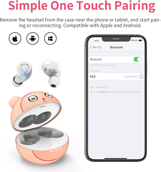 Bluetooth Wireless Earbuds for Kids Small Ears, TWS Bluetooth Headphones, HiFi Stereo Wireless Earphones Sweat-Proof Touch Control Headset with Cartoon Charging Case - Piggy Cat