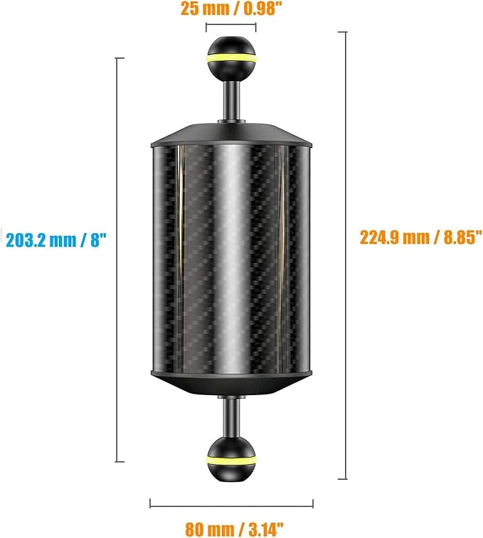 Sea frogs Carbon Fiber Float Arm D80mm, 8'', for Ultralight, Aquatic Arm, Buoyancy Provided 600g, Underwater Camera System Diving Tray Video Light/Strobe GA-10