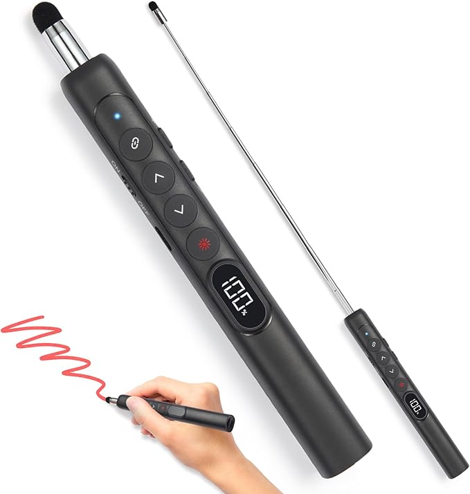 Wireless Presentation Clicker with Retractable Pointer and Stylus, Compatible with PowerPoint Google Slides Keynote, for Mac Windows Computer, Classroom and Office Use
