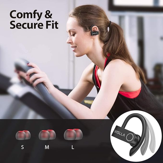 Vislla Wireless Earbuds, Bluetooth Headphones,11H Playback time on a Single Charge, in-Ear Earphones with Earhooks Built-in Microphone Waterproof Sport Earphones for Running Workout Gym Black