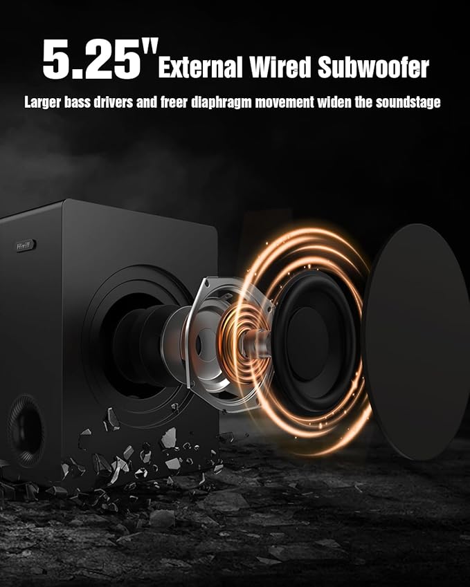 Hiwill 4.1ch Dolby Atmos Soundbar, 320W Sound Bar for Smart TV with Subwoofer, 2 Side-Firing Tweeters, 2 Front Surround Speakers, Home Theatre 3D Surround Sound System for TV Speaker, eARC/OTP/AUX