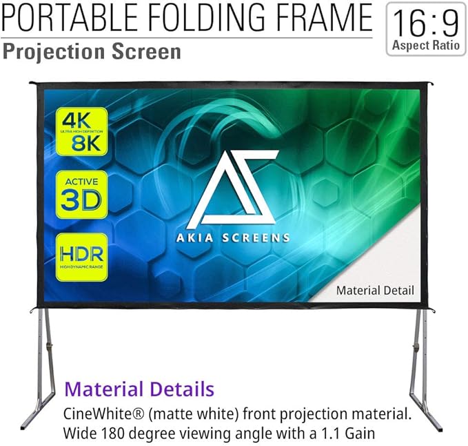 Akia Screens 145 inch Portable Outdoor Projector Screen with Stand and Bag 16:9 8K 4K Ultra HD 3D Adjustable Height Foldable Projection Screen Silver for Movie Video Home Theater AK-OS145H1