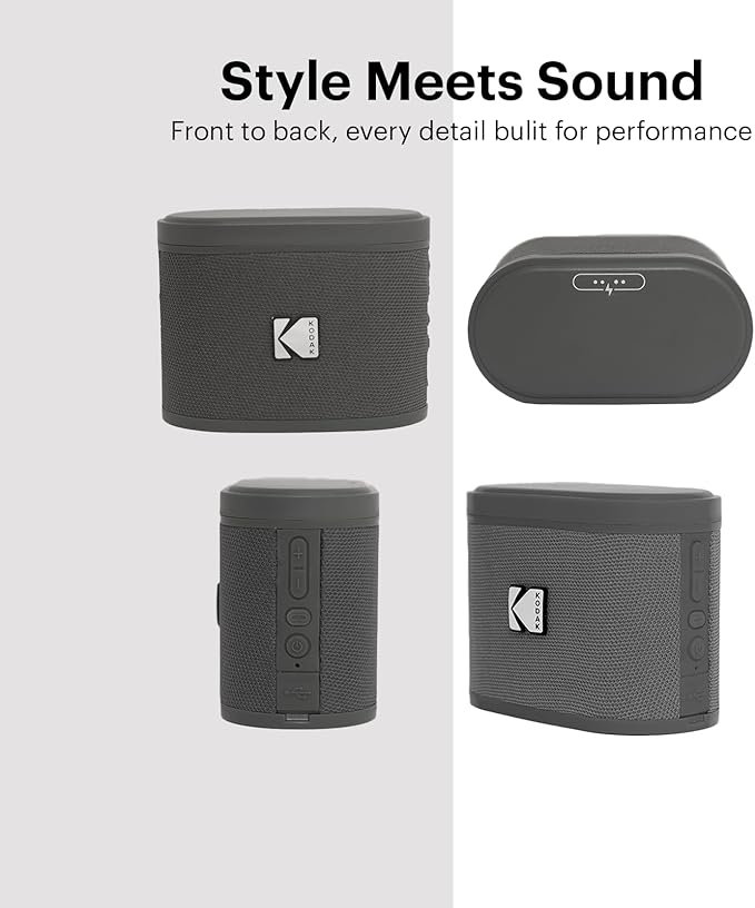 KODAK SOUNDBRIX™ Bluetooth Speaker with HD Sound Portable Wireless IPX4 Water Resistant Upto 5H Playtime V5.4 for Home Party Outdoor Beach Electronic Gadgets Birthday Gift Gray Stackable Speakers