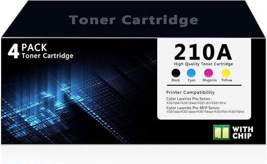210A Toner Cartridge 4 Pack with Chip Compatible with HP 210A 210X W2100A W2101A W2102A W2103A Replacement for HP Color Laser Jet Pro MFP 4201dw 4201dn 4301dw 4301fdwe 4301fdn Printer (BK/C/M/Y)