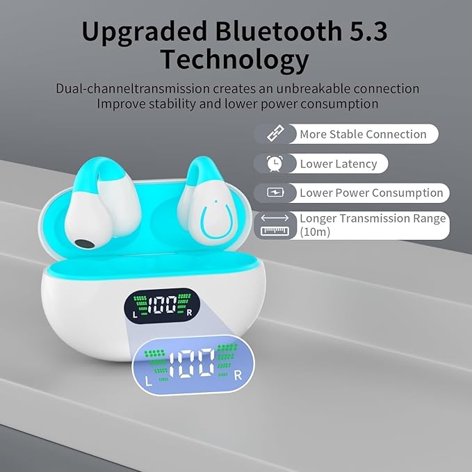 Clip On Earbuds, Bluetooth 5.3 Lightweight Comfort Bone Conduction Open Ear Headphones with LED Digital Display Charging Case Sport Built-in Mic IPX7 Waterproof for Running Fitness Android, Light Blue