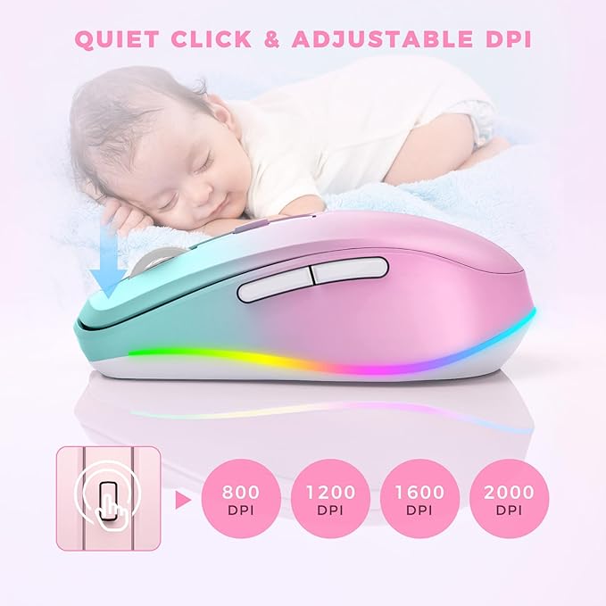 Wireless Mouse Jiggler - LED Wireless Mice with Build-in Mouse Jiggler Mover, Rechargeable Moving Mouse for Computer with Undetectable Random Movement Keeps Computer Awake - Gradient Pink