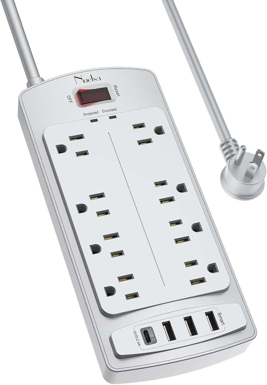 Surge Protector Power Strip - Nuetsa Flat Plug Extension Cord with 8 Outlets and 4 USB Ports, 6 Feet Power Cord (1625W/13A), 2700 Joules, ETL Listed, Grey