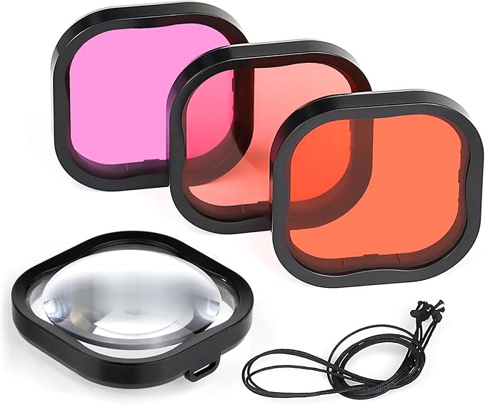 4 Pack Underwater Dive Filters for GoPro Hero 8 9 10 11 12 13 Black Official Waterproof Housing Case in Red, Light Red, Magenta, and 5X Close-up Filters for Underwater Color Correction