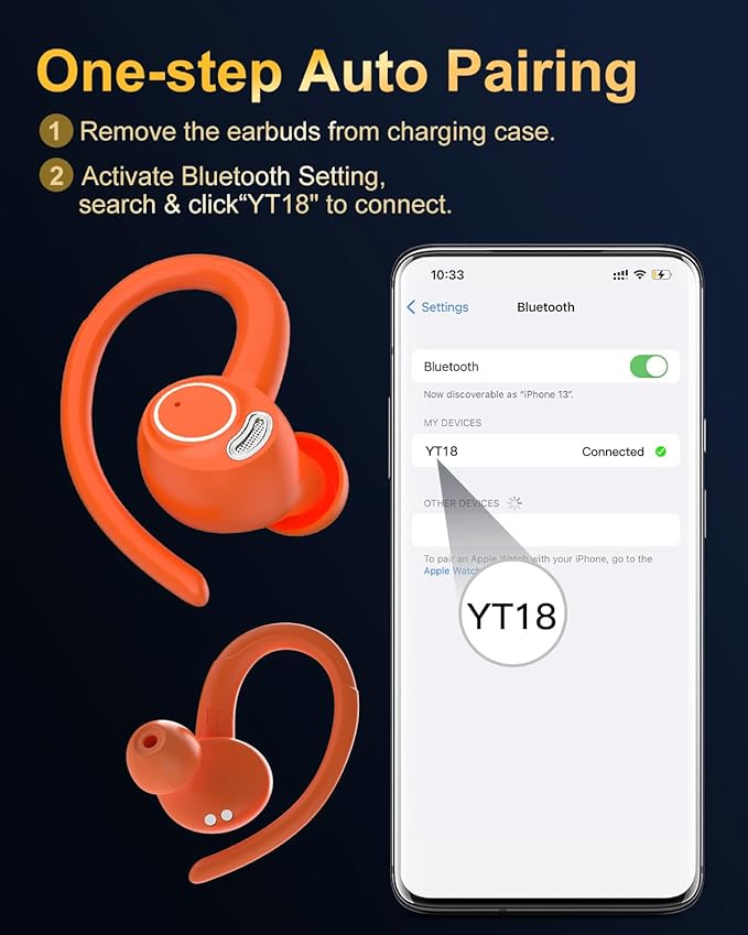 Wireless Earbuds, Bluetooth 5.4 Headphones Sport, Over Ear Buds With ENC Noise Cancelling Mic, 48H, Wireless Earphone With Earhooks, Stereo Deep Bass, IP7 Waterproof ear bud for Workout Running,Orange