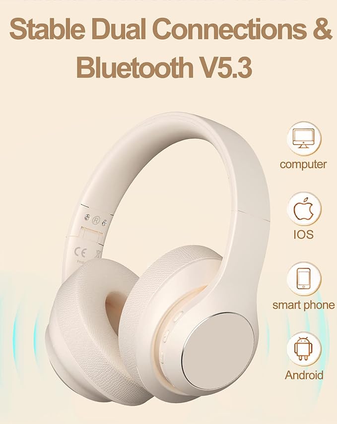 Wireless Bluetooth Headphones Over Ear, 40 Hours Playtime Wireless Headphones with Microphone,Foldable Light Weight Headset with HiFi Stereo Sound for Travel Work (Beige)