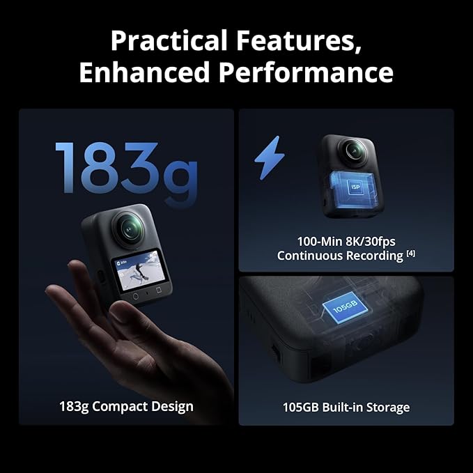 DJI Osmo 360 Camera, Waterproof 360° Action Camera with 1-Inch 360° Imaging, Native 8K 360° Video, 105GB Built-in Storage, 120MP 360° Photo, 100-Min 8K Recording, Action Camera for Sports