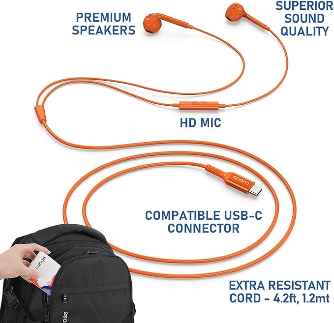 LUDOS Zenith USB C Headphones for iPhone 17 16 15 Pro Max Plus Air iPad Pro Air, 2 Years Warranty, USB-C Earbuds for Samsung Galaxy S24 S23 Ultra S22 S21 S20 A55 A54, USB Type C Earphones - Orange