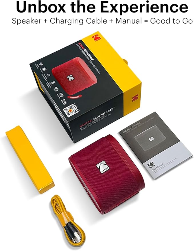 KODAK SOUNDBRIX™ Portable Bluetooth Speaker 360° HD Wireless Sound with Rich Bass Durable Mini Speaker IPX4 Water Resistant Magnetic Stackable Luxury Red for Outdoor Fun Travel & Poolside Music