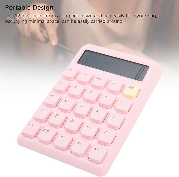 Pssopp Desktop Solar Calculator, Large 12-Digit Display Energy Efficient Tactile Press Keys Portable Standard Math Tool for Home Office Accounting (Pink)