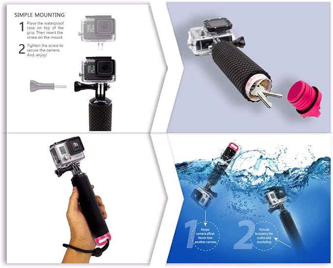 Waterproof Floating Hand Grip Compatible with GoPro Hero 12 11 10 9 8 7 6 5 4 3+ 2 1 Session Black Silver Handler & Handle Mount Accessories Kit for Water Sport and Action Cameras (Rose Red)