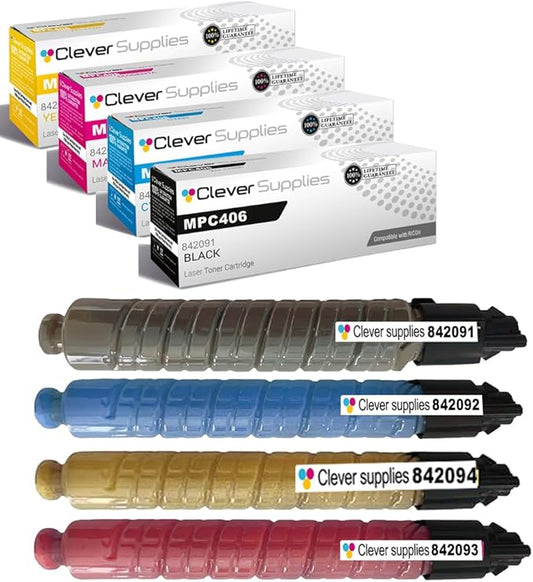 Clever Supplies CS Replacement Compatible with Ricoh C306 MPC406 Toner Cartridge 842091 842092 842093 842094 to use with MPC306 MPC307 (4-Color Set)