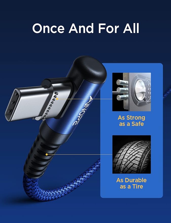 AINOPE USB C Cable 60W 2-Pack 6.6ft Nylon Braided USB C to USB C Cable Type C Charger Fast Charging Right Angle USBC Cable Charger Cord for iPhone 16 Pro Max 15 Plus Samsung S24 S23 iPad Pro Blue