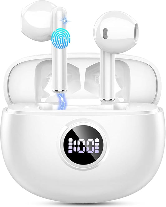 Wireless Earbuds, 2024 Bluetooth 5.3 Headphones HiFi Stereo Ear buds with ENC Noise Cancelling Mics, 40H Bluetooth Earbuds with Dual LED Display, IP7 Waterproof in Ear Earphones for Android iOS, White