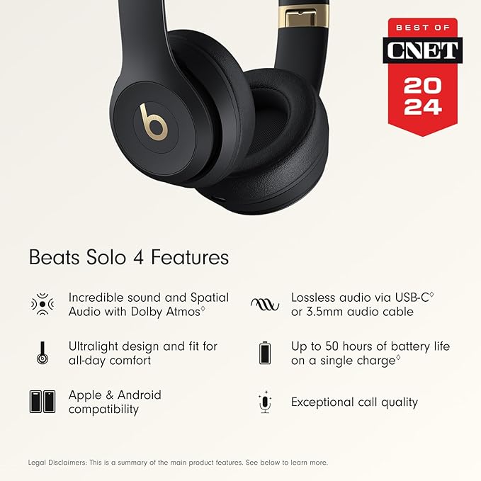 Beats Solo 4 - Wireless Bluetooth On-Ear Headphones, Apple & Android Compatible, Up to 50 Hours of Battery Life - Black & Gold