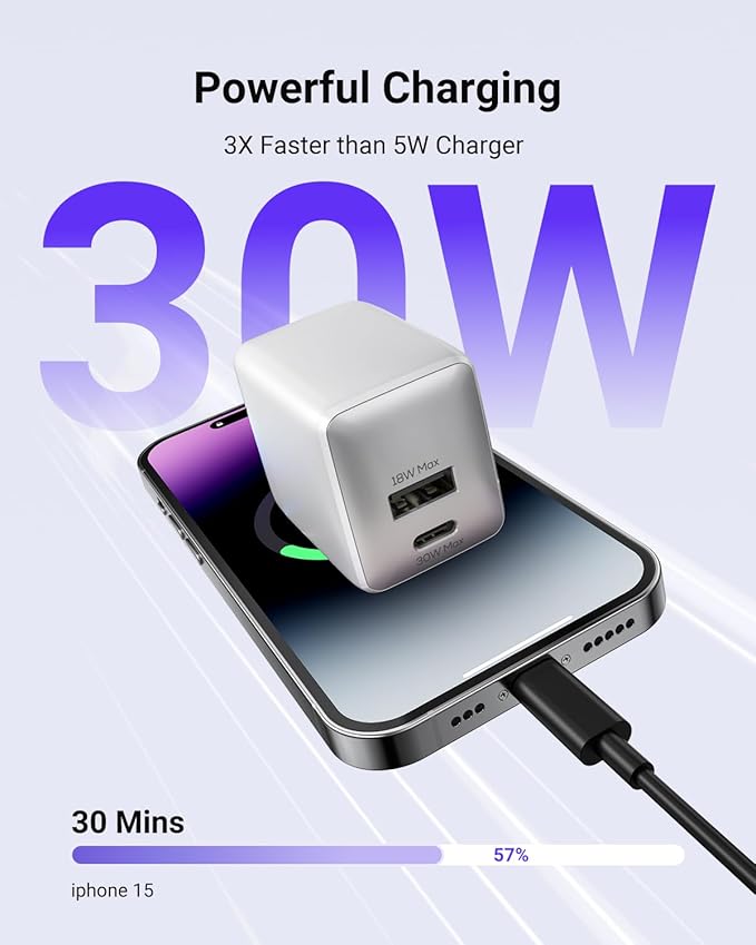 USB C Fast Charging Charger, 30W Dual-Port GaN Nano Charger with Foldable Plug for iPhone 16/15 Series, iPad, Galaxy S24 Ultra and More Series, (White, 1 Pack)