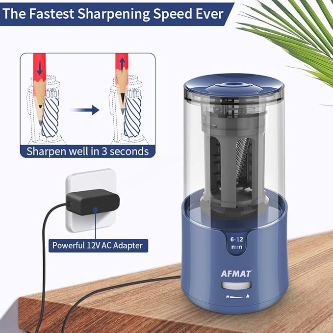 AFMAT PS93 Pencil Sharpener, Electric Pencil Sharpener for Colored Pencils, Auto Stop, Fast Sharpen in 3s, Large Hole Pencil Sharpeners Plug in for 6-12mm No.2/Jumbo Pencils - Blue
