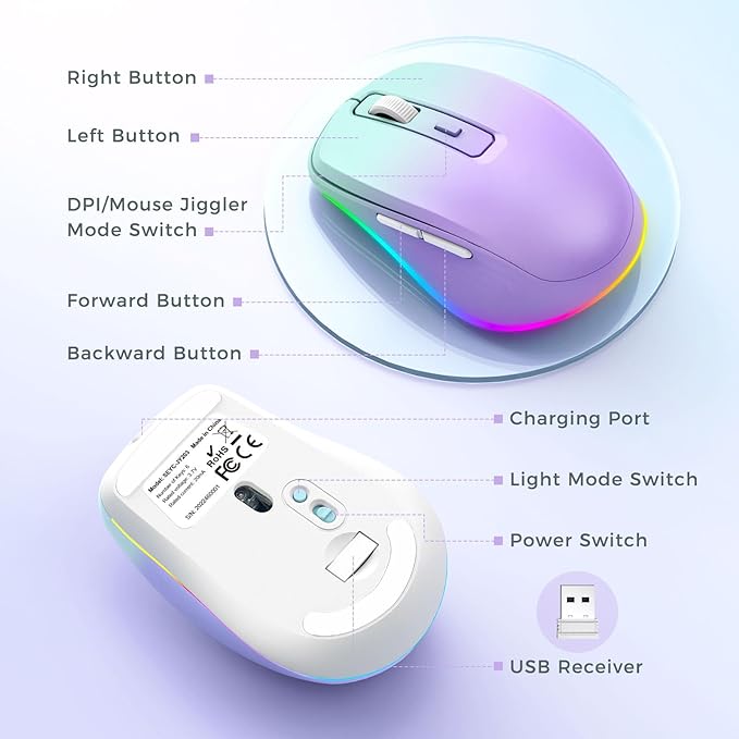 Wireless Mouse Jiggler - LED Wireless Mice with Build-in Mouse Mover, Rechargeable Moving Mouse for Laptop with Undetectable Random Movement Keeps Computers Awake - Purple to Green