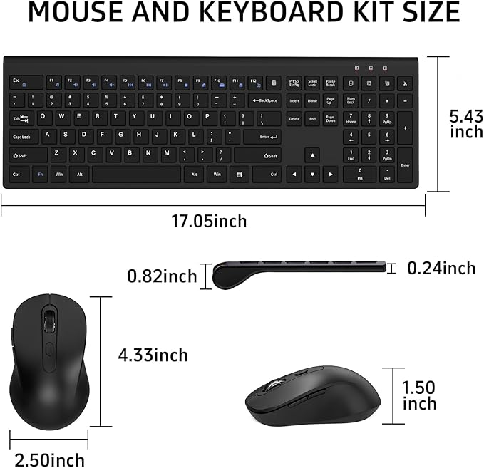 Wireless Mouse and Keyboard Combo, Full-Size Computer Keyboard with Calculator Button, 2400 Dpi Ergonomic Mouse, Ultra-Thin Cordless USB Keyboard and Mouse Set for Laptop Windows Mac - Black