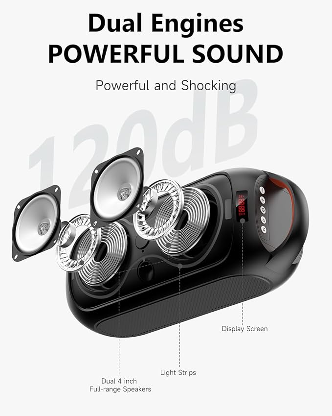 Portable Bluetooth Speaker 120dB Loud Sound, Wireless Big Party Speakers with RGB LED Lights, Dual 4" Speakers, FM Radio, USB, TF Card, AUX, Mic Input, TWS Pairing for Outdoor & Camping, Rechargeable