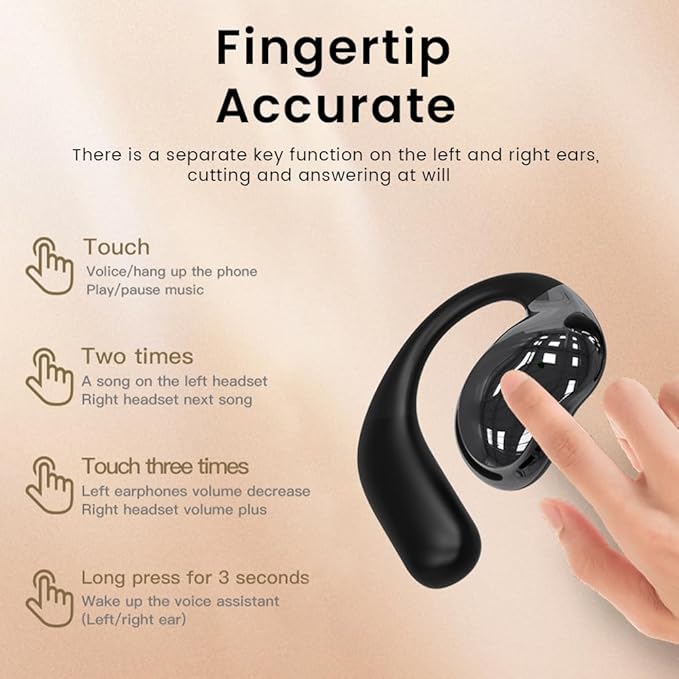 Open Ear Earbuds Ultra Comfort Wireless Bluetooth 5.4 Headphones Over The Ear Earbuds with Intelligent Touch Screen EarHooks IPX7 Waterproof Bone Conduction Earphones for Fitness Sports-Black